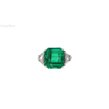 8.01 Carat Emerald Cut Colombian Emerald Trillion Diamond Three Stone Ring-Time and Carat