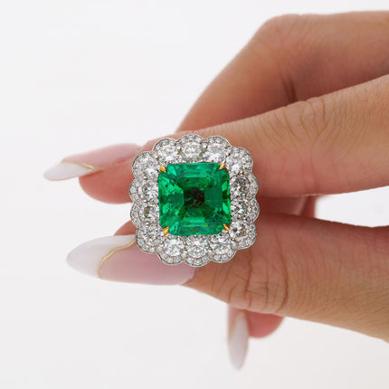 8.04 Carat Octagonal Emerald Cut Colombian Emerald Diamond Halo Ring-Time and Carat