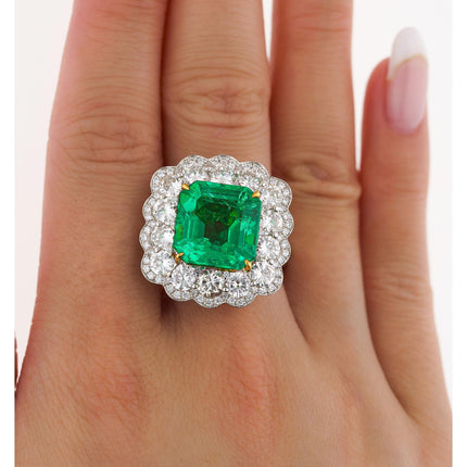 8.04 Carat Octagonal Emerald Cut Colombian Emerald Diamond Halo Ring-Time and Carat