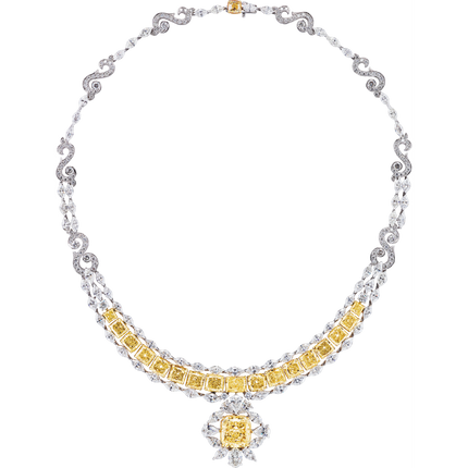 8.12 Carat Radiant Cut Fancy Yellow Diamond White Diamond Necklace 18K White Yellow Gold Two-Tone 50 Carat Total-Time and Carat