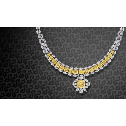 8.12 Carat Radiant Cut Fancy Yellow Diamond White Diamond Necklace 18K White Yellow Gold Two-Tone 50 Carat Total-Time and Carat