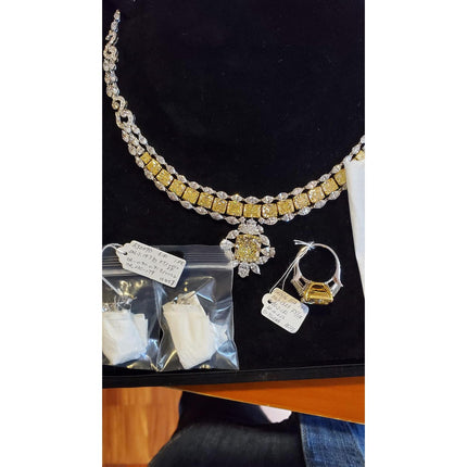 8.12 Carat Radiant Cut Fancy Yellow Diamond White Diamond Necklace 18K White Yellow Gold Two-Tone 50 Carat Total-Time and Carat