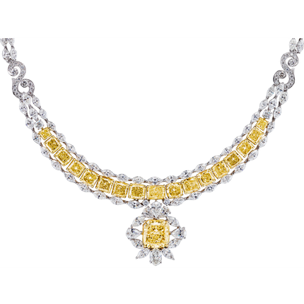 8.12 Carat Radiant Cut Fancy Yellow Diamond White Diamond Necklace 18K White Yellow Gold Two-Tone 50 Carat Total-Time and Carat