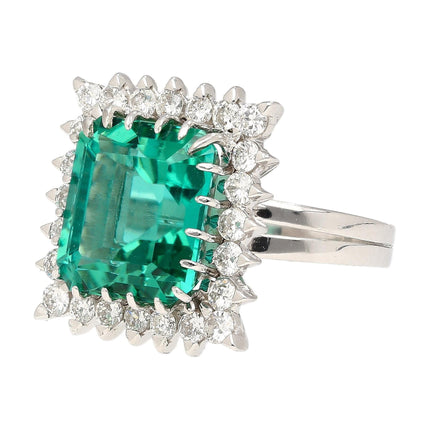 8.17 Carat Emerald Cut Bluish Green Tourmaline Diamond Halo Platinum Ring-Time and Carat