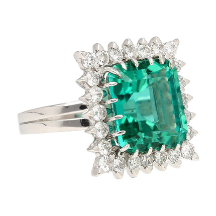 8.17 Carat Emerald Cut Bluish Green Tourmaline Diamond Halo Platinum Ring-Time and Carat