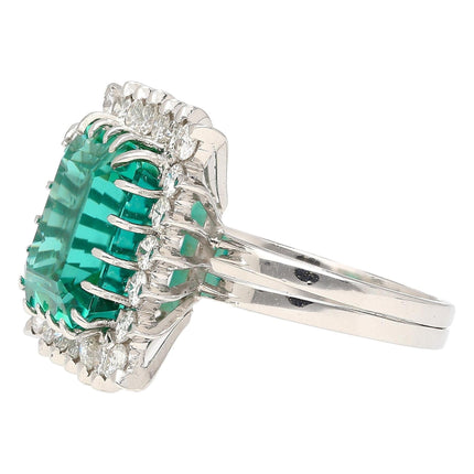 8.17 Carat Emerald Cut Bluish Green Tourmaline Diamond Halo Platinum Ring-Time and Carat