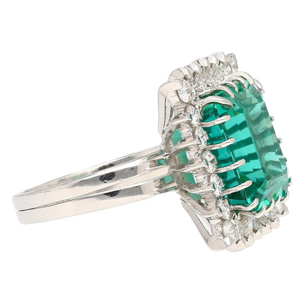 8.17 Carat Emerald Cut Bluish Green Tourmaline Diamond Halo Platinum Ring-Time and Carat