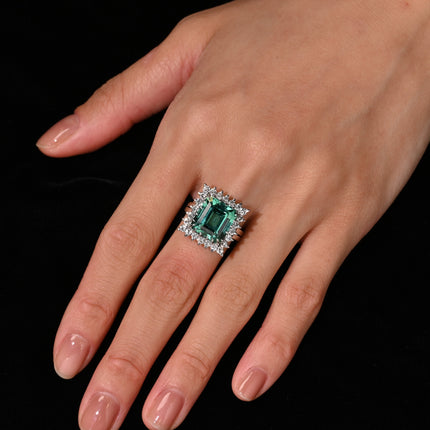 8.17 Carat Emerald Cut Bluish Green Tourmaline Diamond Halo Platinum Ring-Time and Carat