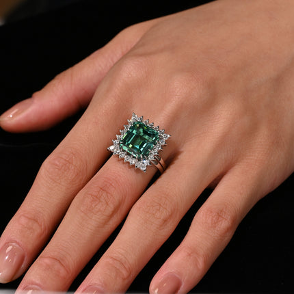 8.17 Carat Emerald Cut Bluish Green Tourmaline Diamond Halo Platinum Ring-Time and Carat