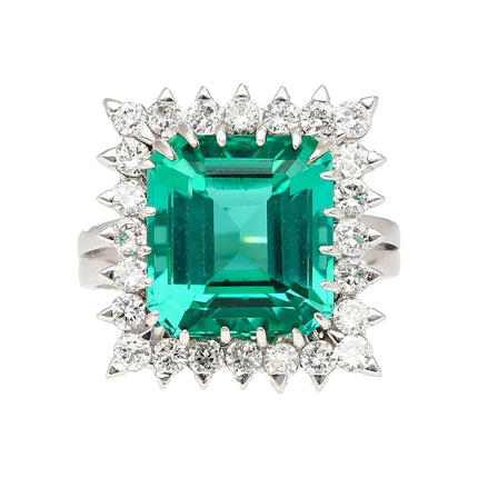 8.17 Carat Emerald Cut Bluish Green Tourmaline Diamond Halo Platinum Ring-Time and Carat