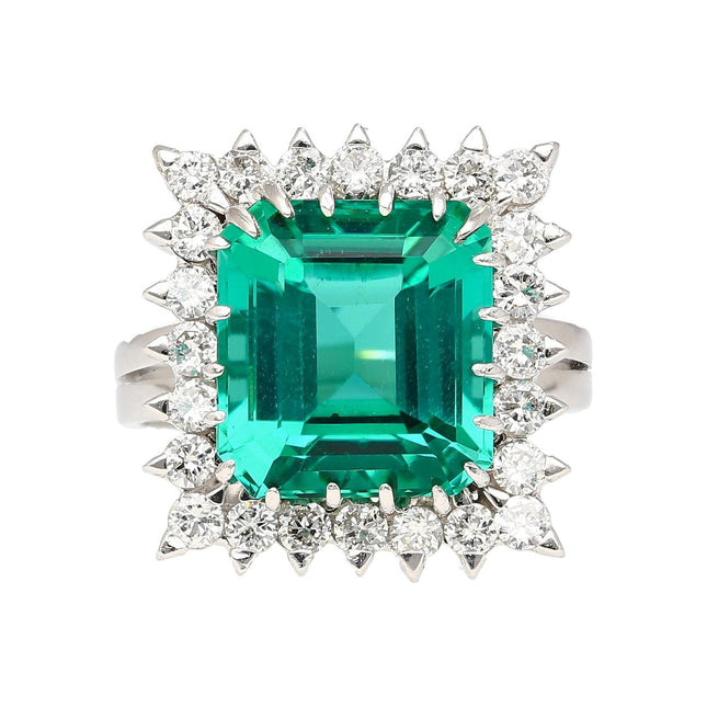 8.17 Carat Emerald Cut Bluish Green Tourmaline Diamond Halo Platinum Ring-Time and Carat