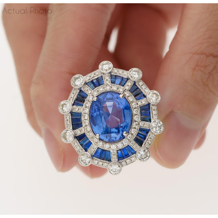 8.46 Carat Oval Cut No Heat Sri Lanka Blue Sapphire Diamond Art Deco Ring-Time and Carat