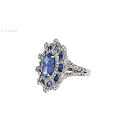 8.46 Carat Oval Cut No Heat Sri Lanka Blue Sapphire Diamond Art Deco Ring-Time and Carat