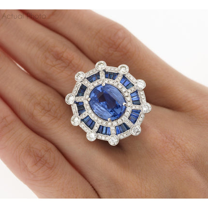 8.46 Carat Oval Cut No Heat Sri Lanka Blue Sapphire Diamond Art Deco Ring-Time and Carat
