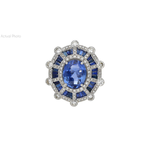 8.46 Carat Oval Cut No Heat Sri Lanka Blue Sapphire Diamond Art Deco Ring-Time and Carat
