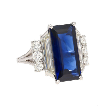 8.56 Carat Emerald Cut Blue Sapphire Trapezoid Diamond Art Deco Ring-Time and Carat