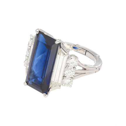 8.56 Carat Emerald Cut Blue Sapphire Trapezoid Diamond Art Deco Ring-Time and Carat