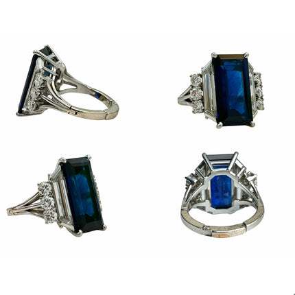 8.56 Carat Emerald Cut Blue Sapphire Trapezoid Diamond Art Deco Ring-Time and Carat