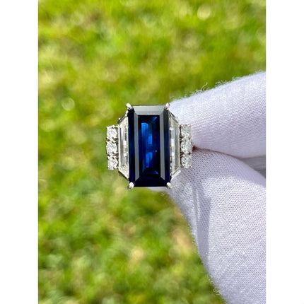 8.56 Carat Emerald Cut Blue Sapphire Trapezoid Diamond Art Deco Ring-Time and Carat