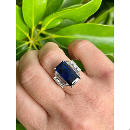8.56 Carat Emerald Cut Blue Sapphire Trapezoid Diamond Art Deco Ring-Time and Carat