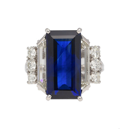 8.56 Carat Emerald Cut Blue Sapphire Trapezoid Diamond Art Deco Ring-Time and Carat