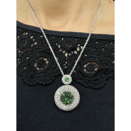 8.58 Carat Round Brilliant Green Demantoid Garnet Diamond Halo Pendant Necklace-Time and Carat