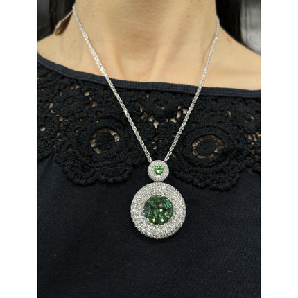 8.58 Carat Round Brilliant Green Demantoid Garnet Diamond Halo Pendant Necklace-Time and Carat