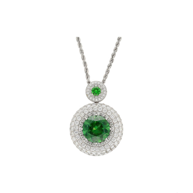 8.58 Carat Round Brilliant Green Demantoid Garnet Diamond Halo Pendant Necklace-Time and Carat
