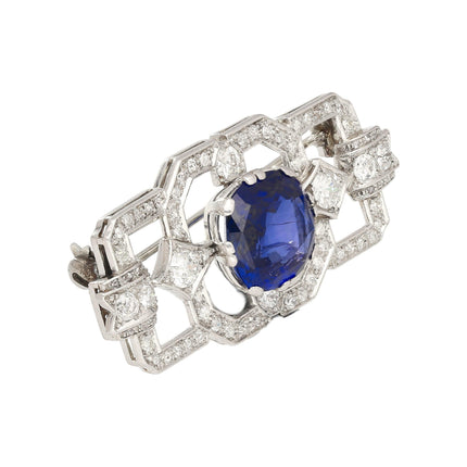 8.64 Carat AGL Certified Ceylon Cushion Cut Blue Sapphire and Diamond Brooch Pin