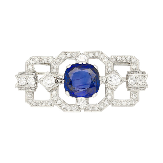8.64 Carat Cushion Cut Ceylon Blue Sapphire Old European Diamond Art Deco Brooch-Time and Carat