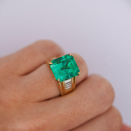 8.64 Carat Emerald Cut Colombian Emerald Baguette Diamond Ring 18K Yellow Gold Unisex Channel Setting-Time and Carat