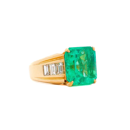 8.64 Carat Emerald Cut Colombian Emerald Baguette Diamond Ring 18K Yellow Gold Unisex Channel Setting-Time and Carat