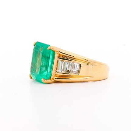 8.64 Carat Emerald Cut Colombian Emerald Baguette Diamond Ring 18K Yellow Gold Unisex Channel Setting-Time and Carat