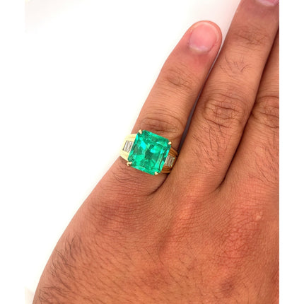 8.64 Carat Emerald Cut Colombian Emerald Baguette Diamond Ring 18K Yellow Gold Unisex Channel Setting-Time and Carat