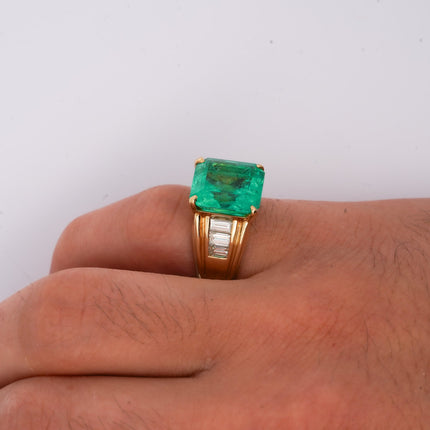8.64 Carat Emerald Cut Colombian Emerald Baguette Diamond Ring 18K Yellow Gold Unisex Channel Setting-Time and Carat