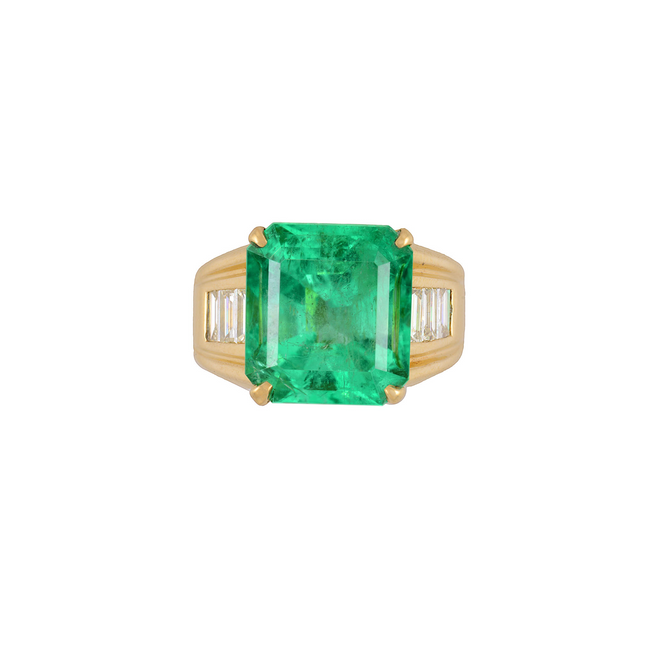 8.64 Carat Emerald Cut Colombian Emerald Baguette Diamond Ring 18K Yellow Gold Unisex Channel Setting-Time and Carat