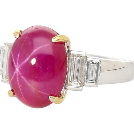 8.76 Carat Cabochon Star Ruby Baguette Diamond Ring Platinum Burma No Heat Six-Ray Asterism-Time and Carat