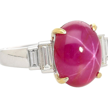 8.76 Carat Cabochon Star Ruby Baguette Diamond Ring Platinum Burma No Heat Six-Ray Asterism-Time and Carat