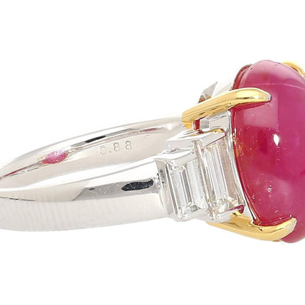 8.76 Carat Cabochon Star Ruby Baguette Diamond Ring Platinum Burma No Heat Six-Ray Asterism-Time and Carat