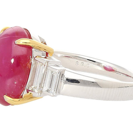 8.76 Carat Cabochon Star Ruby Baguette Diamond Ring Platinum Burma No Heat Six-Ray Asterism-Time and Carat