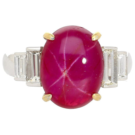 8.76 Carat Cabochon Star Ruby Baguette Diamond Ring Platinum Burma No Heat Six-Ray Asterism-Time and Carat
