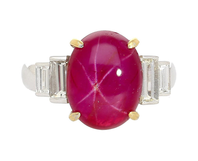 8.76 Carat Cabochon Star Ruby Baguette Diamond Ring Platinum Burma No Heat Six-Ray Asterism-Time and Carat