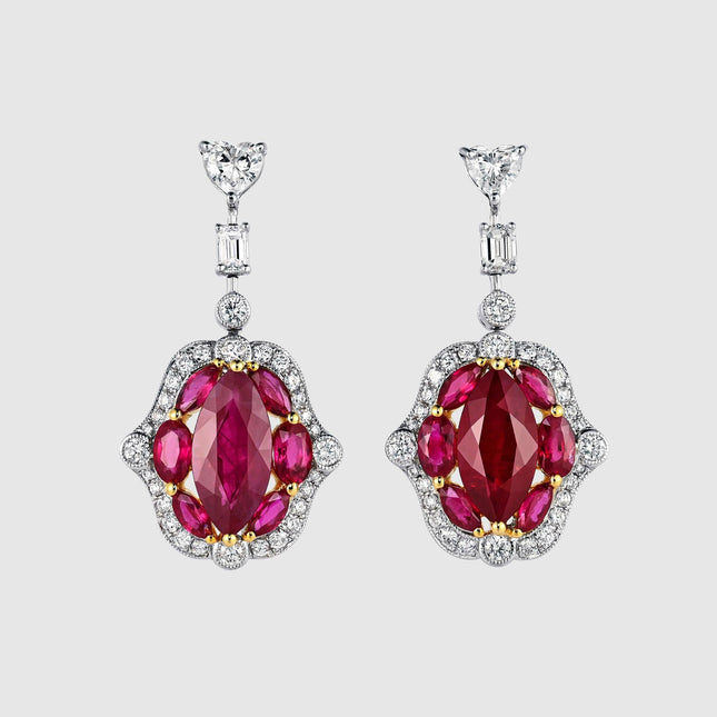 9.47 Carat Marquise Cut Burma Ruby Diamond Halo Chandelier Drop Earrings Pigeon Blood 18K Gold Milgrain-Time and Carat