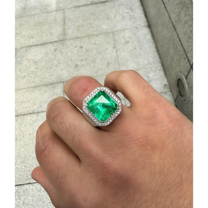 9.54 Carat Emerald Cut Colombian Emerald Round Diamond Mens Halo Ring-Time and Carat