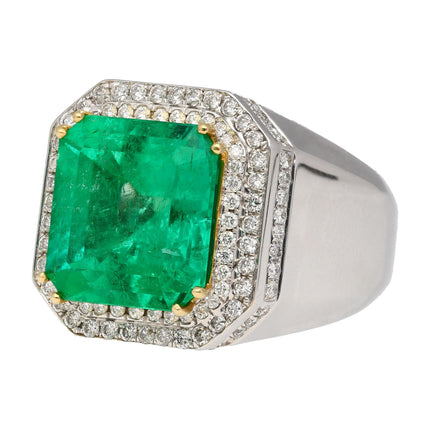9.54 Carat Emerald Cut Colombian Emerald Round Diamond Mens Halo Ring-Time and Carat