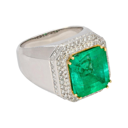 9.54 Carat Emerald Cut Colombian Emerald Round Diamond Mens Halo Ring-Time and Carat