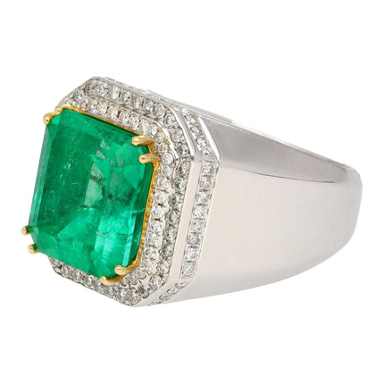 9.54 Carat Emerald Cut Colombian Emerald Round Diamond Mens Halo Ring-Time and Carat