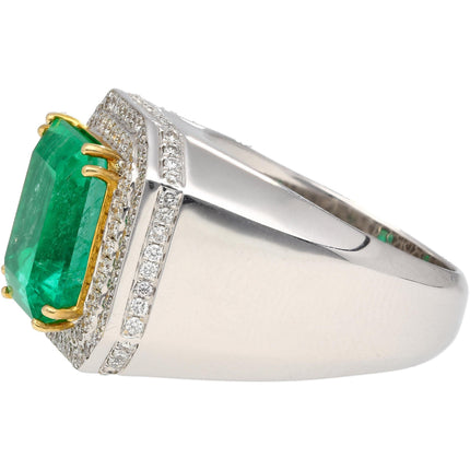 9.54 Carat Emerald Cut Colombian Emerald Round Diamond Mens Halo Ring-Time and Carat