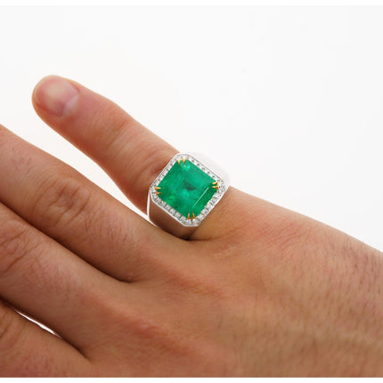9.54 Carat Emerald Cut Colombian Emerald Round Diamond Mens Halo Ring-Time and Carat