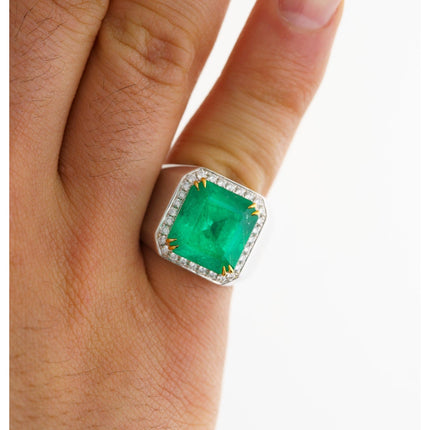 9.54 Carat Emerald Cut Colombian Emerald Round Diamond Mens Halo Ring-Time and Carat